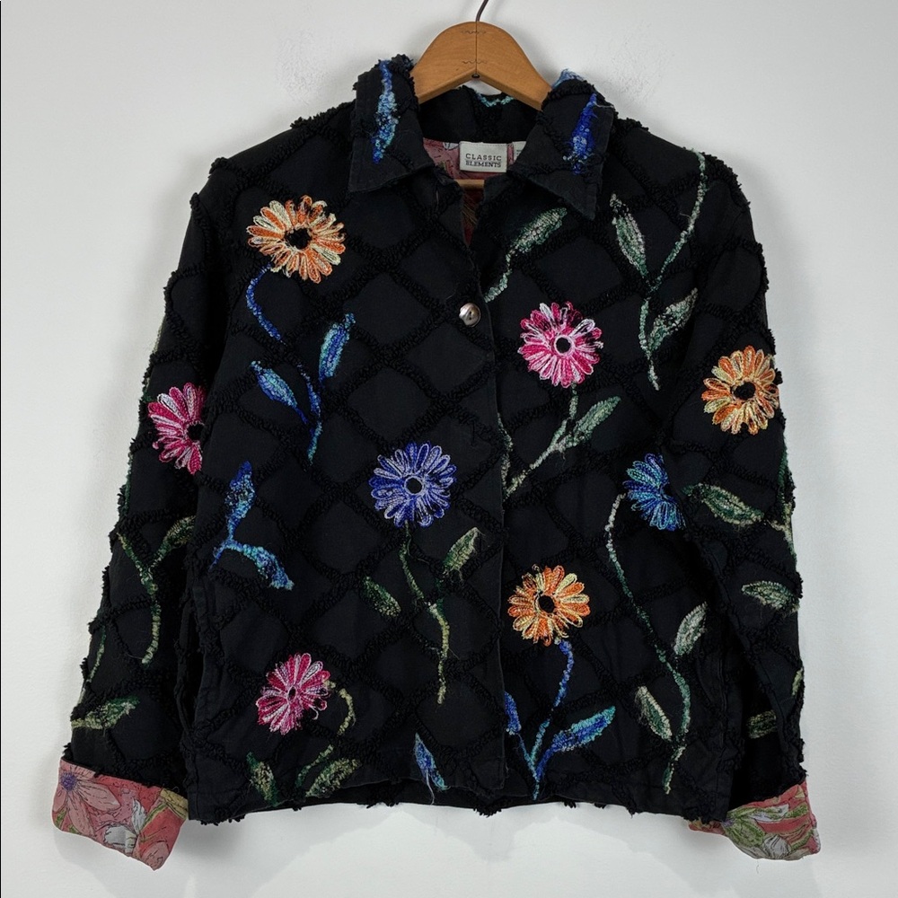 Classic Elements Women’s Medium Jacket Diamond Colorful Floral Embroidery Black
